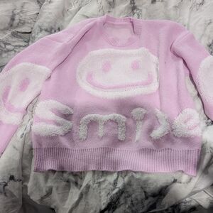 Pink Smiley Knit Sweater - Casual Women's Pullover